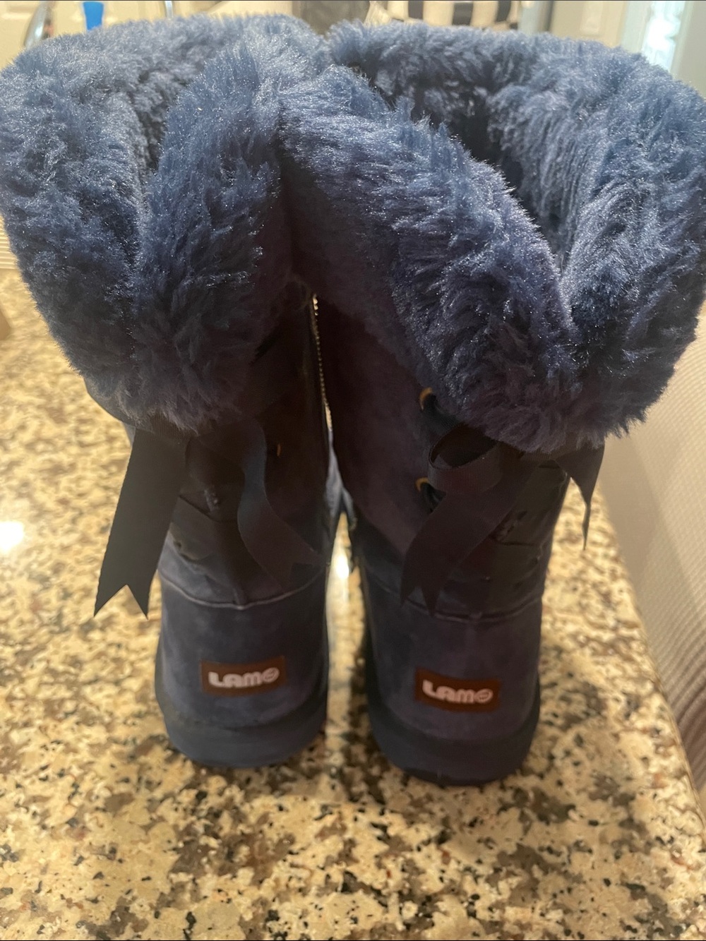 Lamo Women's Navy Blue Faux Fur Winter Boot with Ribbon Back
